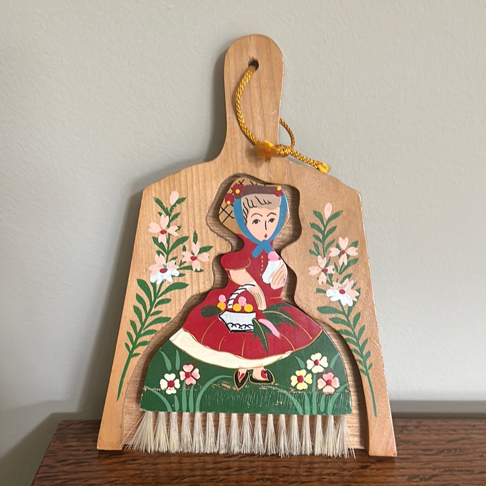 Vintage MCM Wooden Hand Painted Table Broom Crumb Brush